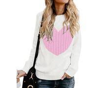 QIXING Jersey de invierno de punto trenzado en forma de corazón, Sueter Mujer Invierno, Ropa de Mujer, cuello redondo, manga larga, para madre y novia, Blanco-rosa, XL