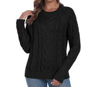 QIXING Jersey de punto trenzado clásico para mujer, cuello redondo, elegante, manga larga, texturizado, para mujer, Reino Unido, I12 Negro, XL