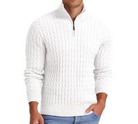 QIXING Jersey de punto trenzado con cremallera de un cuarto para hombre, cuello alto falso, grueso, suave, cremallera de 1/4, suéter de punto casual con borde acanalado, B07 Blanco, S