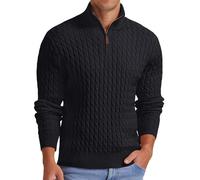 QIXING Jersey de punto trenzado con cremallera de un cuarto para hombre, cuello alto falso, grueso, suave, cremallera de 1/4, suéter de punto casual con borde acanalado, B02 negro, S