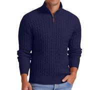 QIXING Jersey de punto trenzado con cremallera de un cuarto para hombre, cuello alto falso, grueso, suave, cremallera de 1/4, suéter de punto casual con borde acanalado, B06 azul marino, M
