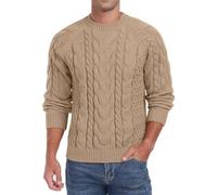 QIXING Jersey de Punto Trenzado para Hombre Cuello Redondo Suéter Suave Casual Manga Larga Tops de Punto Texturizado para Hombre Reino Unido, caqui, XL