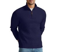 QIXING Suéter grueso con cremallera de un cuarto para hombre, de punto trenzado, cuello alto, suéter suave e informal con bordes acanalados para invierno, D08 Azul Marino, XXL