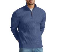 QIXING Suéter grueso con cremallera de un cuarto para hombre, de punto trenzado, cuello alto, suéter suave e informal con bordes acanalados para invierno, D04 Azul, S