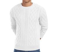 QIXING Suéteres de Hombre de Pescador Texturizado de Cable Tejido Cuello Redondo para Hombre Reino Unido Suéteres Casuales de Manga Larga de Tejido Suave con Borde Acanalado, blanco, L