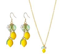 QIXNBL 1 Par De Aretes De Limón, 1 Collar Cole De Limón, Lindos Aretes De Frutas, Collar De Niña Pequeña, Accesorios De Vacaciones De Verano.