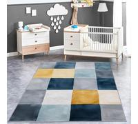 QIYFOZ Alfombra de Arte Abstracto Azul y Amarillo para el hogar, diseño de Formas Simples Grandes, Alfombra de Pelo Corto de Alta Densidad con Respaldo de látex, Adecuada para niños y Mascotas, 120