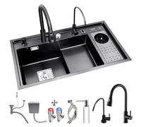 QIYFOZ Fregadero de Cocina Multifuncional de Acero Inoxidable con Grifo extraíble, Grifo para Beber, lavavasos, Kits de Drenaje y Soporte para Cuchillos, Ideal para Uso en el ho