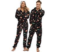QIYUANT Pijama de Navidad a juego para parejas, con capucha, forro polar, cálido, cremallera completa, otoño, invierno, primavera, para adultos, todo en uno, con bolsillos, Bastón de caramelo negro