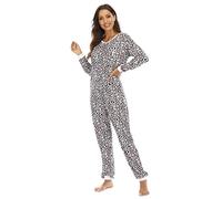 QIYUANT Pijama Una Pieza Mujer Suave Botón Pijamas Mono Entero Manga Larga Primavera Invierno Otoño Halloween Navidad Jumpsuit Onesie Ropa Interior de Casa Dormir (Estampado de Leopardo, XL)