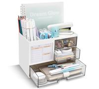 QIYVLOS Organizador de bolígrafos con 3 cajones, soporte multifuncional para lápices, organizadores de escritorio y accesorios con 5 compartimentos + cajón para suministros de arte de oficina (blanco)