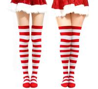 QIZHIQIAMY 2 Pares Medias Rayas Elfo Mujer Calcetines Navideñas Hasta La Rodilla Medias de Duende para Mujeres, Adolescentes, Fiestas y Uso Diario (Roja y Blanca)