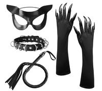 QIZHIQIAMY Disfraz Gata Mujer, 4 PCS Disfraz Gato Negro Niña, Kit Disfrazs Gata Accesorios con Máscara, Collar, Guantes, Látigo para Halloween, Carnaval, Cosplay, Fiestas Temáticas (A)