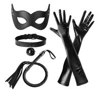 QIZHIQIAMY Disfraz Gata Mujer, 4 PCS Disfraz Gato Negro Niña, Kit Disfrazs Gata Accesorios con Máscara, Collar, Guantes, Látigo para Halloween, Carnaval, Cosplay, Fiestas Temáticas (B)