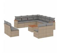 QJBSAVVA Juego de salón de jardín de 12 piezas con cojín beige de polirratán, sofá modular para exteriores con espacio de almacenamiento, madera de acacia, mesa de jardín y bolsillos resistentes a la