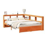 QJBSAVVA Librería cama 150 x 200 cm madera maciza de pino con cabecero 2 | Práctica cama doble de pino encerado con somier de láminas y estantes para el dormitorio.