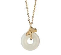 QJFORU Collar de Jade de Plata, Colgante de Jade, Collar de Jade hetiano con círculo de la Suerte for Mujer, Plata de Ley bañada en Oro con Ginkgo biloba Natural, Esposa, Novia, mamá.