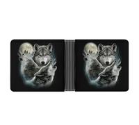 Qjjinxior Bolsillo para monedas, bonita cartera de piel de pingüino, cartera delgada de cuero plegable para tarjetas de crédito, Tres lobos y luna, One Size