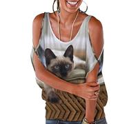 Qjjinxior Camisetas para mujer, diseño de cerdo rosa, sueltas, con hombros descubiertos, para el trabajo y la oficina, Mandala de gato tailandés siamés, L