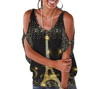 Qjjinxior Camisetas para mujer, diseño de tren de vapor ferroviario, sueltas, con hombros descubiertos, para el trabajo y la oficina, Torre Eiffel de París, Francia, XL