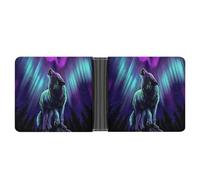 Qjjinxior Cartera de piel con bolsillo para monedas, diseño de lobos aullando en las auroras boreales, cartera delgada de cuero plegable para tarjetas de crédito, Lobos aullan en la aurora boreal, One