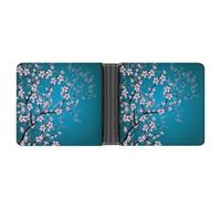 Qjjinxior Cartera de piel con bolsillo para monedas, diseño de lobos aullando en las auroras boreales, cartera delgada de cuero plegable para tarjetas de crédito, Flores de cerezo japonesas de