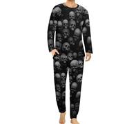 Qjjinxior Conjunto de pijama de cuello redondo para hombre, pijama de gato negro para hombre, pijama con bolsillos, Cabeza de calavera negra, M