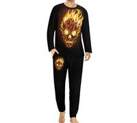 Qjjinxior Conjunto de pijama de cuello redondo para hombre, Zombies Dead Men Walking Body at Night Pijama para hombre, pijama para hombre con bolsillos, Calavera con llama, 6XL