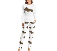 Qjjinxior Conjunto de pijama de cuello redondo para mujer, pijama de perro salchicha para mujer, pijama con bolsillos, Perro salchicha., S