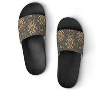 Qjjinxior Pantuflas antideslizantes, estampado floral rococó de cachemira con deslizadores dorados para hombres y mujeres, toboganes de ducha, Estilo negro, 39 1/3 EU