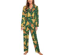 Qjjinxior Ropa de dormir, conjunto de pijama de fuegos artificiales coloridos, ropa de descanso de manga larga para mujer con bolsillos, Deliciosa pizza, L