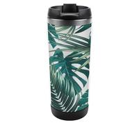 Qjjinxior Taza de café de viaje aislada de acero inoxidable de 380 ml, hoja de palma y taza de viaje Monstera con tapa a prueba de fugas, parte inferior antideslizante