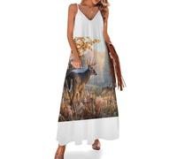 Qjjinxior Vestido largo de verano para mujer, nutria marina enamorada, vestido de verano con cuello en V, tirantes delgados, vestido de playa, Familia de ciervos cazadores, XL Alto
