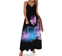 Qjjinxior Vestido largo de verano para mujer, vestido de verano amarillo limón, cuello en V, tirantes delgados, vestido de playa, Mariposas rosadas de noche brillante, S Alto