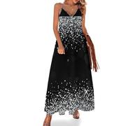 Qjjinxior Vestido largo de verano para mujer, vestido de verano con diseño de mariposas moradas, cuello en V, tirantes delgados, vestido de playa, Brillo plateado brillante, L Alto