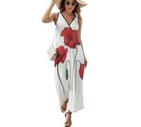 Qjjinxior Vestido sin mangas, bonito vestido de perro Shiba Lnu, vestido largo casual de verano con cuello en V para Laydies, Flores de amapola, M