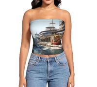 QJKFDHG Camiseta de verano sin tirantes para mujer, estampado MagicTreePortal, Atracando en el puerto del barco gigante, L
