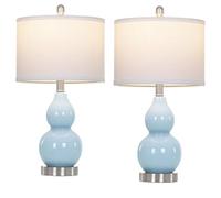 QJRGUY 22-Inch Double Gourd Ceramic Table Lamp, Linen Shade, Included, Perfect for Bedrooms and Living Rooms (Blue)