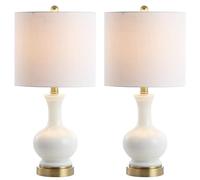 QJRGUY 22" Metal/Glass Table Lamp, White Linen Shade with Included, Suitable for Bedroom, Living Room, Office, Dormitory (Light Coral/Brass Gold)
