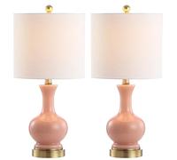 QJRGUY 22" Metal/Glass Table Lamp, White Linen Shade with Included, Suitable for Bedroom, Living Room, Office, Dormitory (Light Coral/Brass Gold)