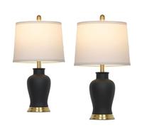 QJRGUY 23" White Ceramic Bedside Lamp Set with Brass Base and Night Light Mode, Two-Piece for Living Room, Dormitory, and Office(White)