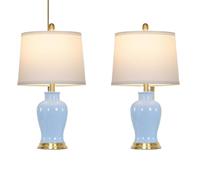 QJRGUY 23" White Ceramic Bedside Lamp Set with Brass Base and Night Light Mode, Two-Piece for Living Room, Dormitory, and Office(White)