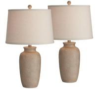 QJRGUY 25.5" Farmhouse Rustic Table Lamp Set of Two with Oatmeal Fabric Shades - Bedroom, Nightstand & Living Room Decor