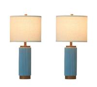 QJRGUY 25" Ceramic Table Lamp, Linen Shade with USB A+C Ports, Adjustable Dimming, Bedroom and Living Room Suitable - Blue