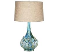 QJRGUY 29.5 Inch High Teal Ceramic Table Lamp with Beige Linen Shade Bedroom Home Bedside Nightstand Office Suitable for Living Room, Dormitory, Office,(Blue Green-USB Dimmer)