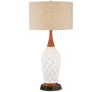 QJRGUY 30 Inch High Table Lamp Blue Green Glaze Wood Linen Lampshade Bedroom Bedside Home Suitable for Living Room, Dormitory, Office,(White Ceramic with USB)