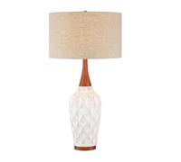 QJRGUY 30 Inch High Table Lamp with Blue Green Glaze Wood Linen Lampshade Bedroom Bedside Home Suitable for Living Room, Dormitory, Office,(White Ceramic)