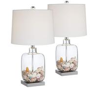 QJRGUY Brushed Glass Refillable Table Lamp with White Drum Shade Bedroom Nightstand Home Office Suitable for Living Room, Dormitory, Office,(Two Set - Clear Square)