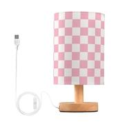 QJRGUY Classic Plaid LED Table Lamp, Linen Lampshade with Wooden Base, Bedroom Office Decoration Suitable for Living Room, Dormitory, Office,(Pink Checkered)