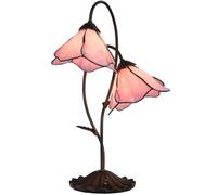 QJRGUY Floral Stained Table Lamp with 8" Wide Curved Glass Shade and Lily Leaf Base Bedroom Decor, Pink Suitable for Living Room, Dormitory, Office,(2-Light)